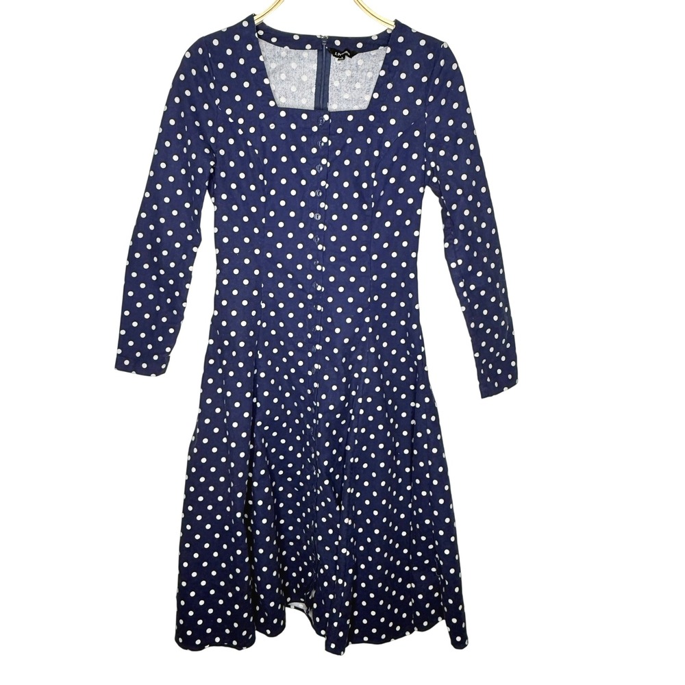 J. Peterman Midi Dress Sz 2 Navy Polka Dot Fit & Flare Button Front Cotton